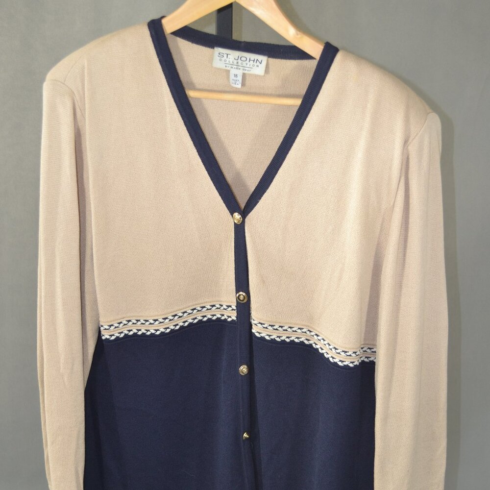 ST John Collection By Marie Gray Navy Blue and Tan Sweater size 16 - Picture 1 of 9